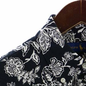RALPH LAUREN ボタンダウンシャツ カジュアルシャツ コットン ポケット 花柄 半袖 S 黒 ブラック