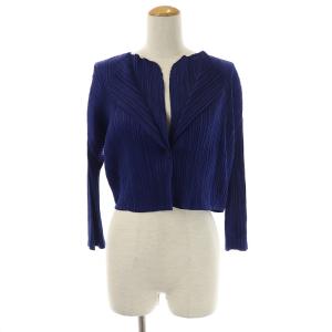 イッセイミヤケ ボレロ カーディガン ショート 長袖 オープンカラー プリーツ 4 XL 青 ブルー