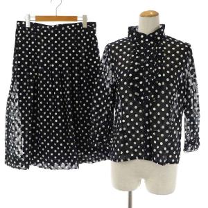 セットアップ 上下 フリルブラウス 七分袖 フレアスカートミモレ シアー ドット 13 XL 紺 ネイビー 白 ホワイト
