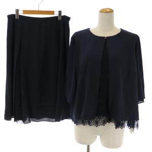 セットアップ 上下 ブラウス 七分袖 フレアスカート ひざ丈 レース切替 17 3L 紺 ネイビー