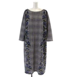 グレンチェックワンピース ミモレ ロング 7分袖 花柄 大きいサイズ 15+ XL 黒 ブラック 白 ホワイト 青 ブルー