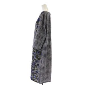 Leilian グレンチェックワンピース ミモレ ロング 7分袖 花柄 大きいサイズ 15+ XL 黒 ブラック 白 ホワイト 青 ブルー