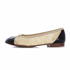 CHANEL バイカラー ココマーク パンプス バレエシューズ リボン レース 38C ベージュ ブラック