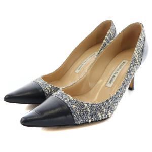 MANOLO BLAHNIK ツイード切替パンプス ポインテッドトゥ ピンヒール スムースレザー 36.5 23.5cm 紺 ネイビー 白 ホワイト