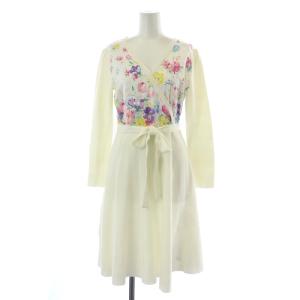 ワンピース ひざ丈 フレア 長袖 ニット カシュクール Vネック 花柄 総柄 ベルトリボン ウール混 0 XS 白 ホワイト