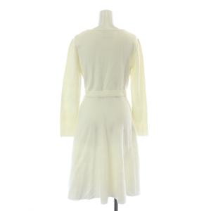 Chesty ワンピース ひざ丈 フレア 長袖 ニット カシュクール Vネック 花柄 総柄 ベルトリボン ウール混 0 XS 白 ホワイト