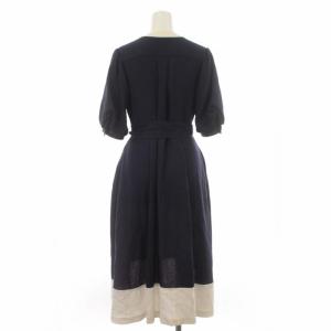 Grace Class 20SS リネンタッチバイカラーワンピース Vネック パフスリーブ ミモレ ロング 半袖 36 S 紺 ネイビー 白 ホワイト