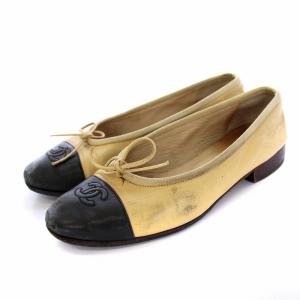 バレリーナ バレエシューズ パンプス ローヒール リボン ココマーク 34.5 21.5cm ベージュ ブラック 黒