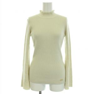 ニット セーター ハイネック 長袖 フレアスリーブ ラメ フリル リブ編み ロゴプレート ウール混 38 M 白 ホワイト