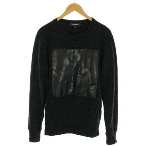 スウェット トレーナー クルーネック 長袖 レザーパッチ S 黒 ブラック