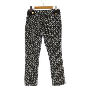 PRADA 2018 テーパードパンツ スラックス ベルト 金ボタン 総柄 ウール 36 XXS 紺 ネイビー アイボリー