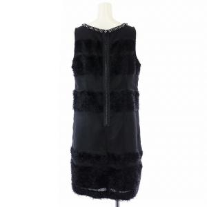 GRACE CONTINENTAL タイトワンピース ミニ丈 ノースリーブ バックジップ ビジュー ファー ボーダー 38 M 黒 ブラック