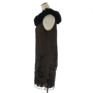 Diagram GRACE CONTINENTAL タイトワンピース ひざ丈 ノースリーブ ファーカラー 刺繍 スパンコール ビジュー 総レース 36 S 黒 ブラック ベージュ