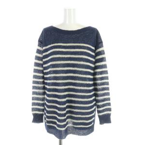 ニット カットソー 長袖 ボーダー ボートネック 麻 リネン かぎ編み XS 紺 ネイビー 白 ホワイト