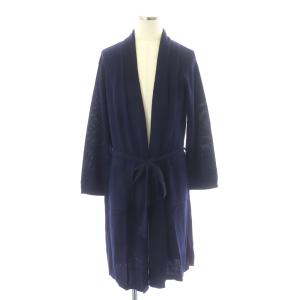 ソリッドニットガウン カーディガン ロング 長袖 ショールカラー リボンベルト アルパカ ロゴ刺繍 L 紺 ネイビー