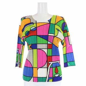 イッセイミヤケ カットソー Uネック 総柄 プリーツ 五分袖 3 L マルチカラー