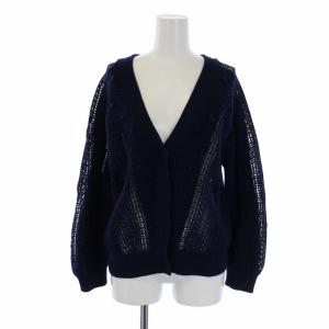 ケーブルレースニットカーディガン 長袖 Vネック 36 S 紺 ネイビー