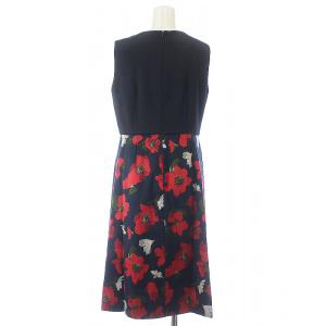 SHIPS フレアワンピース タック ひざ丈 ノースリーブ バックジップ 花柄 38 M 紺 ネイビー