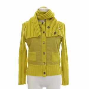 カーディガン リブ ニット 中綿 切替 マフラー付き ビジュー 長袖 38 M 黄色 イエロー