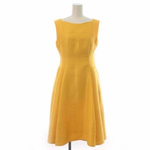 ワンピース スクエアネック タック フレア ひざ丈 ノースリーブ 34 XS 黄色 イエロー