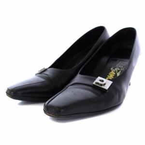 Salvatore Ferragamo パンプス ミドルヒール スクエアトゥ ガンチーニ レザー 7.5D 25cm 黒 ブラック