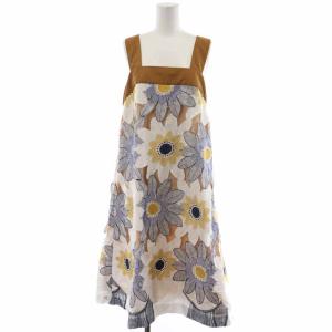 フレアワンピース ジップアップ ロング 花柄 レース 1 S 茶 ブラウン 白 ホワイト マルチカラー 0A503