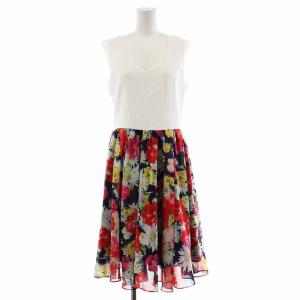 フレアワンピース Vネック ノースリーブ ジップアップ ひざ丈 花柄 1 S 白 ホワイト 赤 レッド マルチカラー 9A502