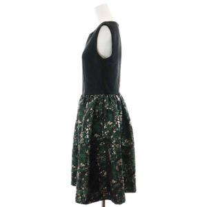 Chesty フレアワンピース ボートネック ノースリーブ ジップアップ ひざ丈 1 S 緑 グリーン 黒 ブラック マルチカラー 0W516