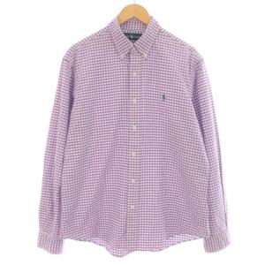 シャツ ボタンダウン ギンガムチェック ロゴ 刺繍 長袖 L 紫 パープル