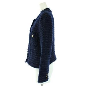 Deuxieme Classe L'ALLURE ノーカラージャケット ツイード 36 S 紺 ネイビー
