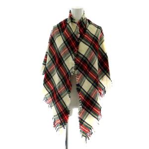 ストール マフラー フリンジ チェック柄 ウール 白 ホワイト 赤 レッド 緑 グリーン