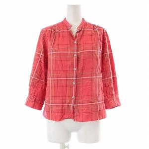 ブラウス シャツ 七分袖 キーネック チェック コットン 1 S 赤 レッド