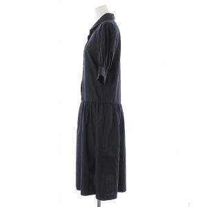 MARGARET HOWELL シャツワンピース フレア ひざ丈 ギャザー 五分袖 シルク 1 S 紺 ネイビー