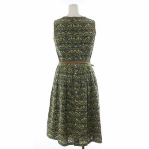 Lois CRAYON フレアワンピース ノースリーブ ボートネック ロング ベルト 花柄 M 紺 ネイビー 緑 グリーン マルチカラー