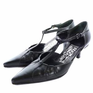 Tストラップパンプス レザー ポインテッドトゥ ローヒール 4.5 22cm 黒 ブラック