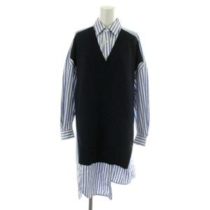 20AW ハイゲージWOOLシャツコンビニットセーター ブラウス 長袖 重ね着風 36 S 紺 ネイビー 水色 ライトブルー