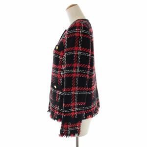 Diagram GRACE CONTINENTAL 21AW チェックツイードジャケット シングル ノーカラー カットオフ 金ボタン ウール混 36 S 黒 ブラック 赤 レッド