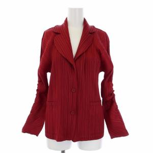 イッセイミヤケ ジャケット カーディガン 長袖 変形 プリーツ シャーリング 3 L レッド