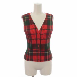 イッセイミヤケ ベスト ジレ ブラウス チェック プリーツノースリーブ 3 L 赤 レッド マルチカラー