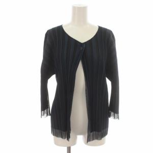 イッセイミヤケ カーディガン ストライプ プリーツ レイヤード 七分袖 3 紺 黒