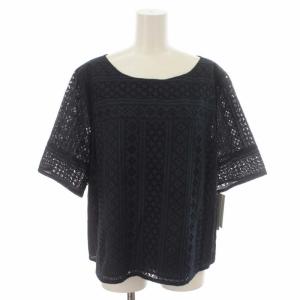 ブラウス シャツ カットワーク刺繍 総柄 ボートネック プルオーバー 大きいサイズ 半袖 17+ 3XL 紺 ネイビー