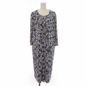 カシュクールワンピース 総柄 ひざ丈 大きいサイズ 七分袖 15+ XXL 紺 ネイビー 白 ホワイト