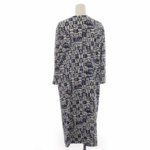 Leilian カシュクールワンピース 総柄 ひざ丈 大きいサイズ 七分袖 15+ XXL 紺 ネイビー 白 ホワイト
