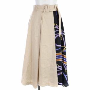 19SS スカーフ切替スカート フレアスカート ロング リネン混 ベルト 36 S 黒 ブラック ベージュ 39221114