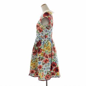 Lois CRAYON タックフレアワンピース ひざ丈 半袖 襟付き ガーデンプリント 花柄 M 赤 レッド マルチカラー