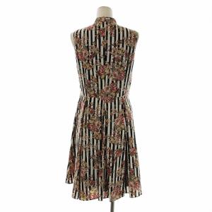 Lois CRAYON ノースリーブワンピース ひざ丈 フレア ボウタイ 花柄 ストライプ M 白 ホワイト 黒 ブラック マルチカラー