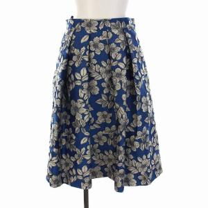 ジャガードスカート タック フレア ひざ丈 花柄 38 M 青 ブルー グレー