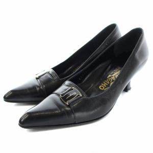 パンプス ピンヒール ポインテッドトゥ ロゴ レザー 5 22.5cm 黒 ブラック