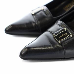 Salvatore Ferragamo パンプス ピンヒール ポインテッドトゥ ロゴ レザー 5 22.5cm 黒 ブラック
