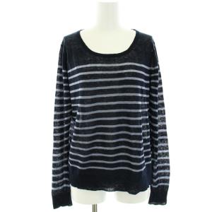 ニット カットソー 長袖 麻 リネン ボーダー 薄手 2 M 紺 ネイビー 薄紫 ライトパープル